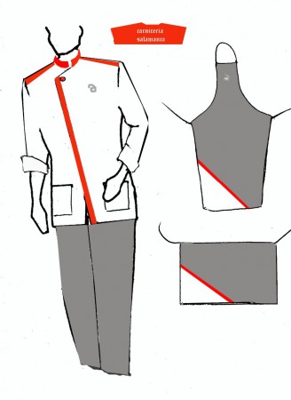 Conjunto de chaquetilla , pantalon y delantal para comercio.